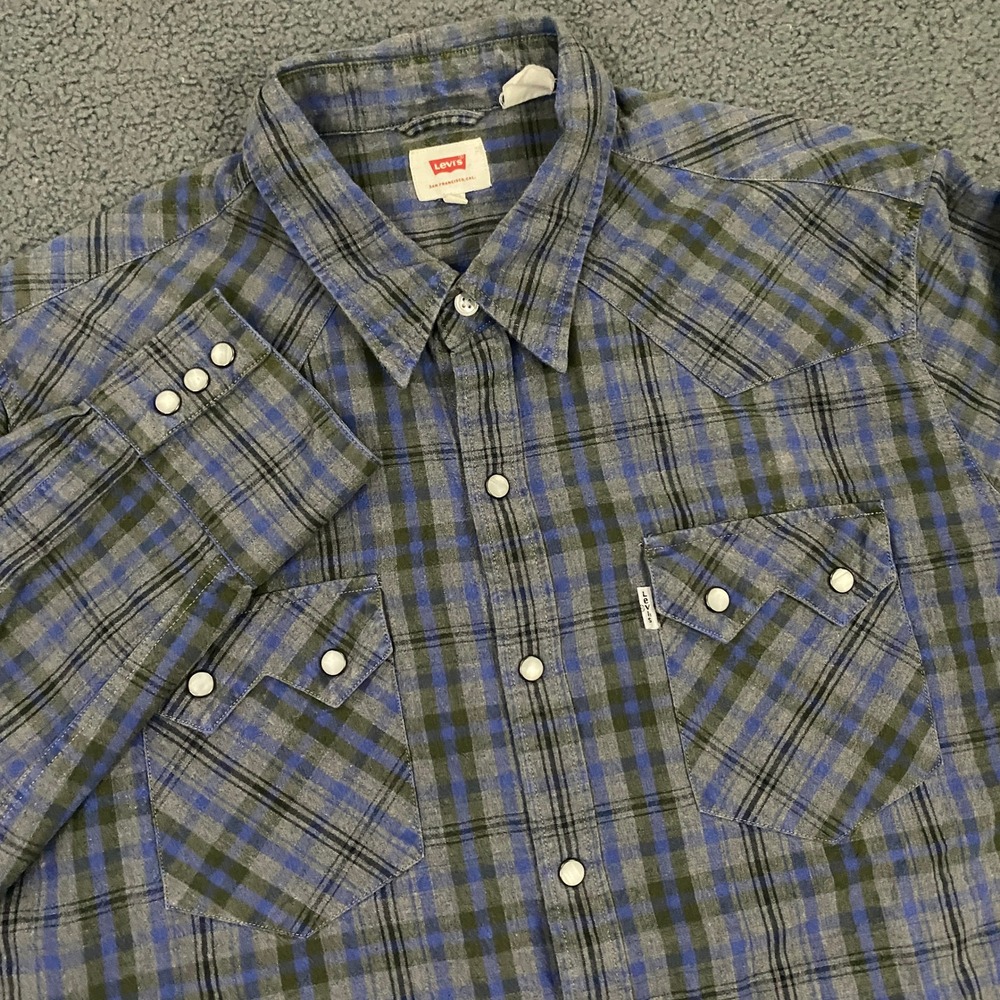 Levis Western Shirt Men Large Blue Grey Plaid Pearl Snap Sawtooth Flannel Cotton